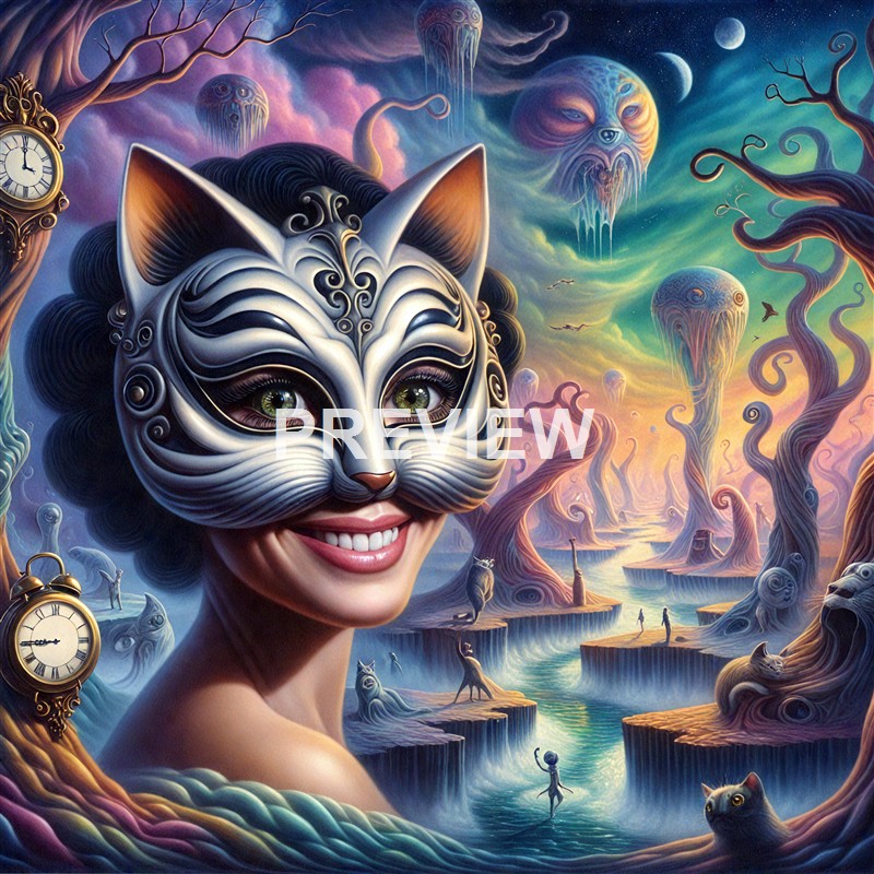 A surreal, colorful landscape featuring a woman wearing a cat-shaped mask with intricate designs, surrounded by twisting trees, floating jellyfish-like creatures, and a vibrant sky with planets and clouds.